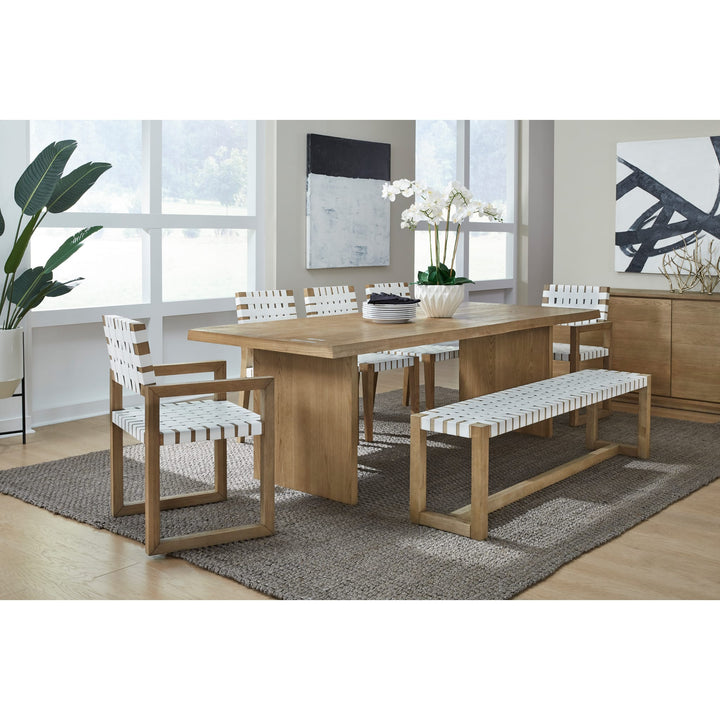 One Woven Leather and Solid Wood Dining Side Chair in White and Bisque 