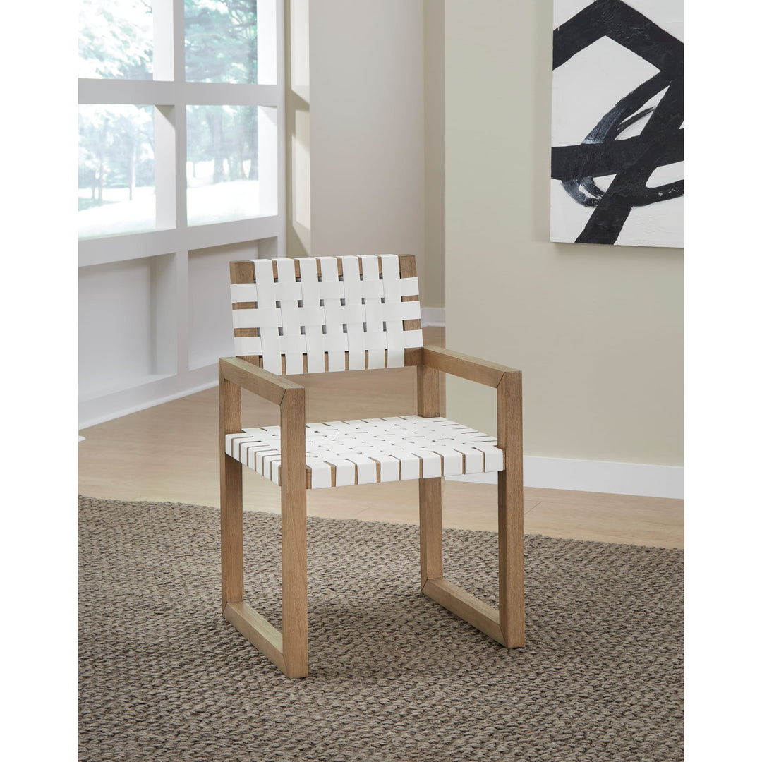 One Woven Leather and Solid Wood Dining Side Chair in White and Bisque 