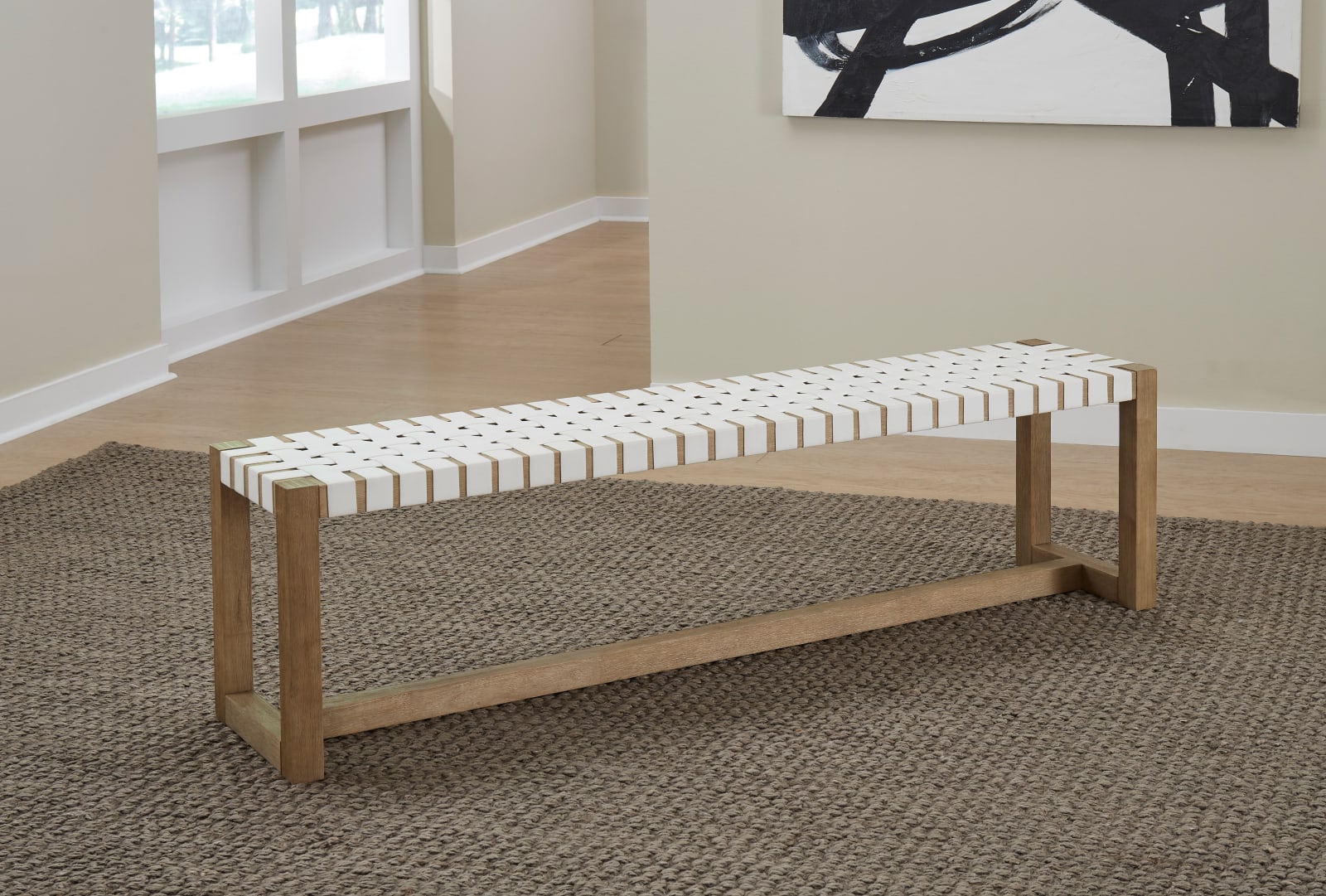 One Woven Leather and Solid Wood Dining Bench in White and Bisque