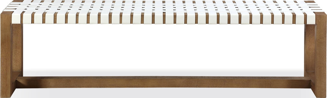 One Woven Leather and Solid Wood Dining Bench in White and Bisque – view 2