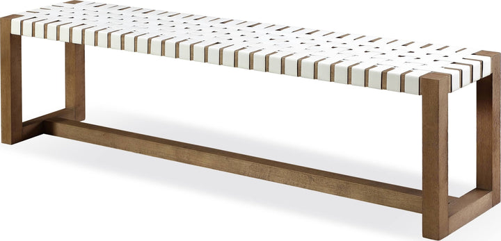 One Woven Leather and Solid Wood Dining Bench in White and Bisque – view 3