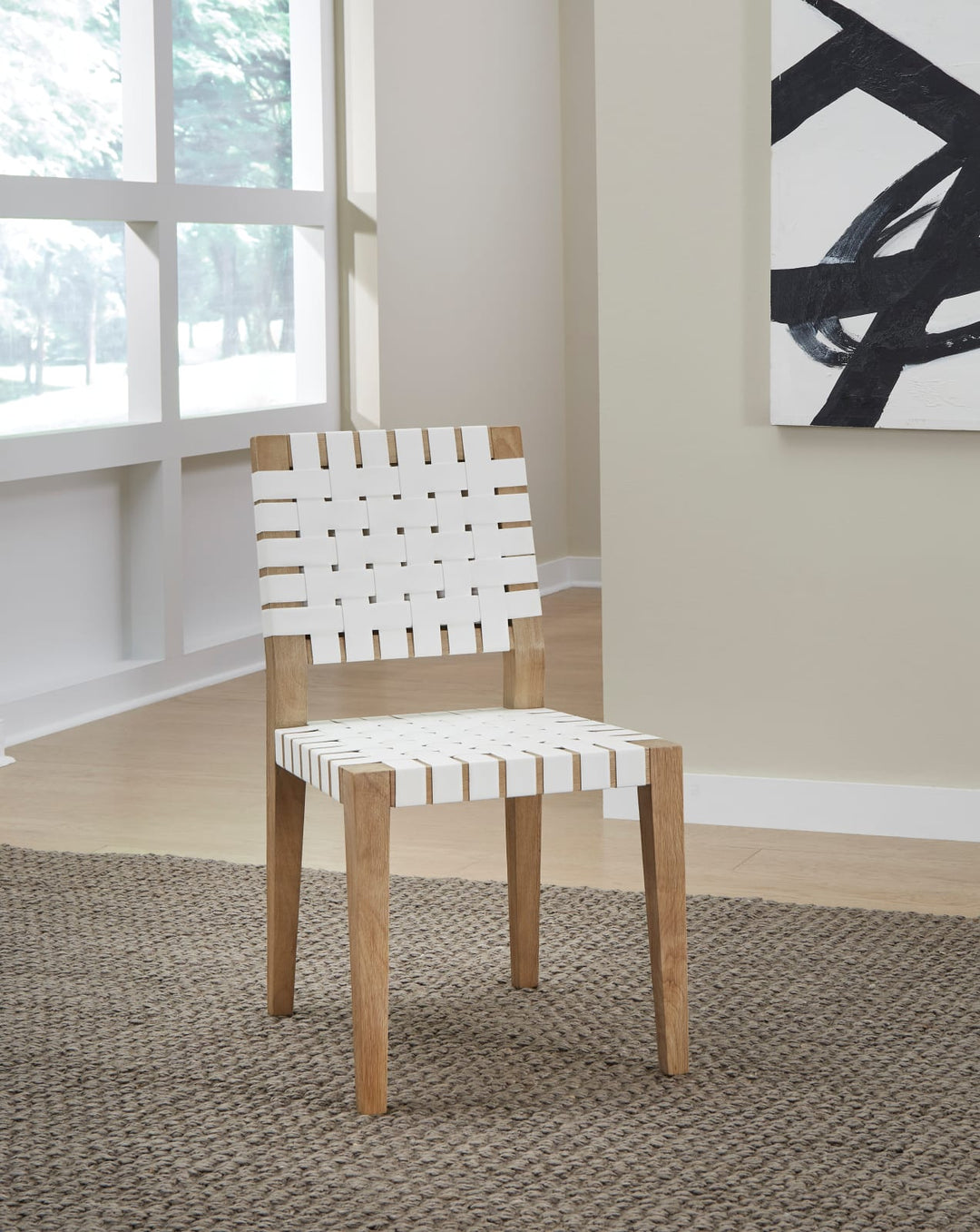 One Woven Leather and Solid Wood Dining Side Chair in White and Bisque