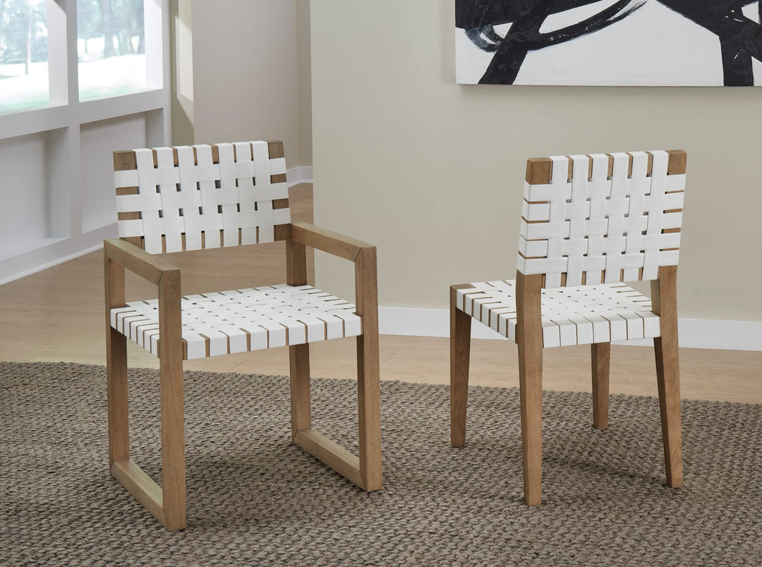 One Woven Leather and Solid Wood Dining Side Chair in White and Bisque – view 6