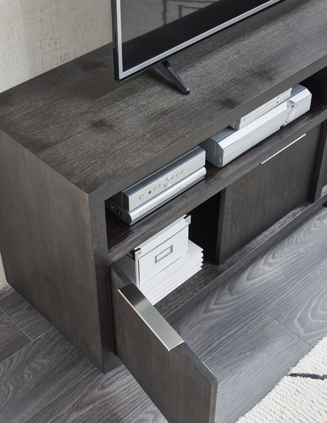 Oxford Solid Wood 74 inch Media Console in Basalt Grey – view 3