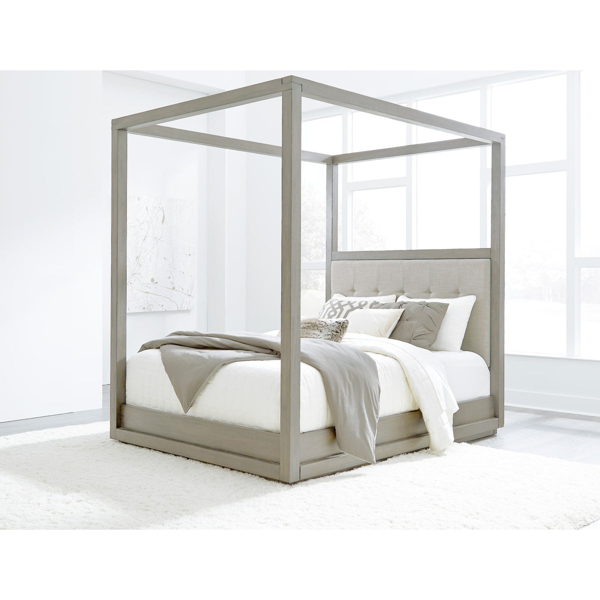 Oxford Queen Upholstered Canopy Bed in Mineral