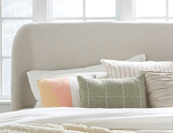Penny Queen-size Linen Upholstered Platform Bed in Buff Cream Oak – view 2