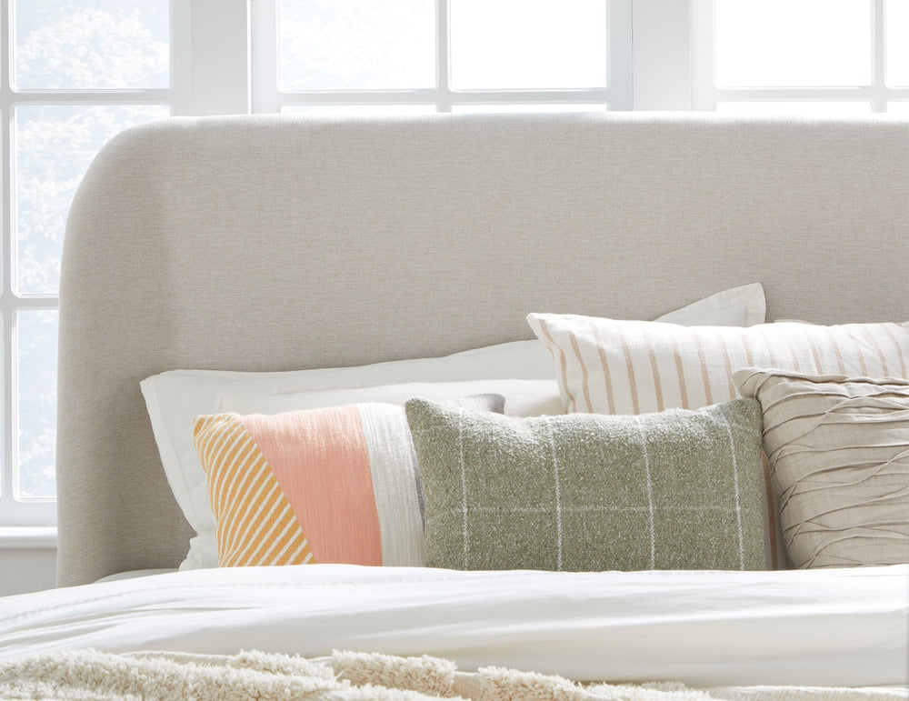 Penny Queen-size Linen Upholstered Platform Bed in Buff Cream Oak – view 2
