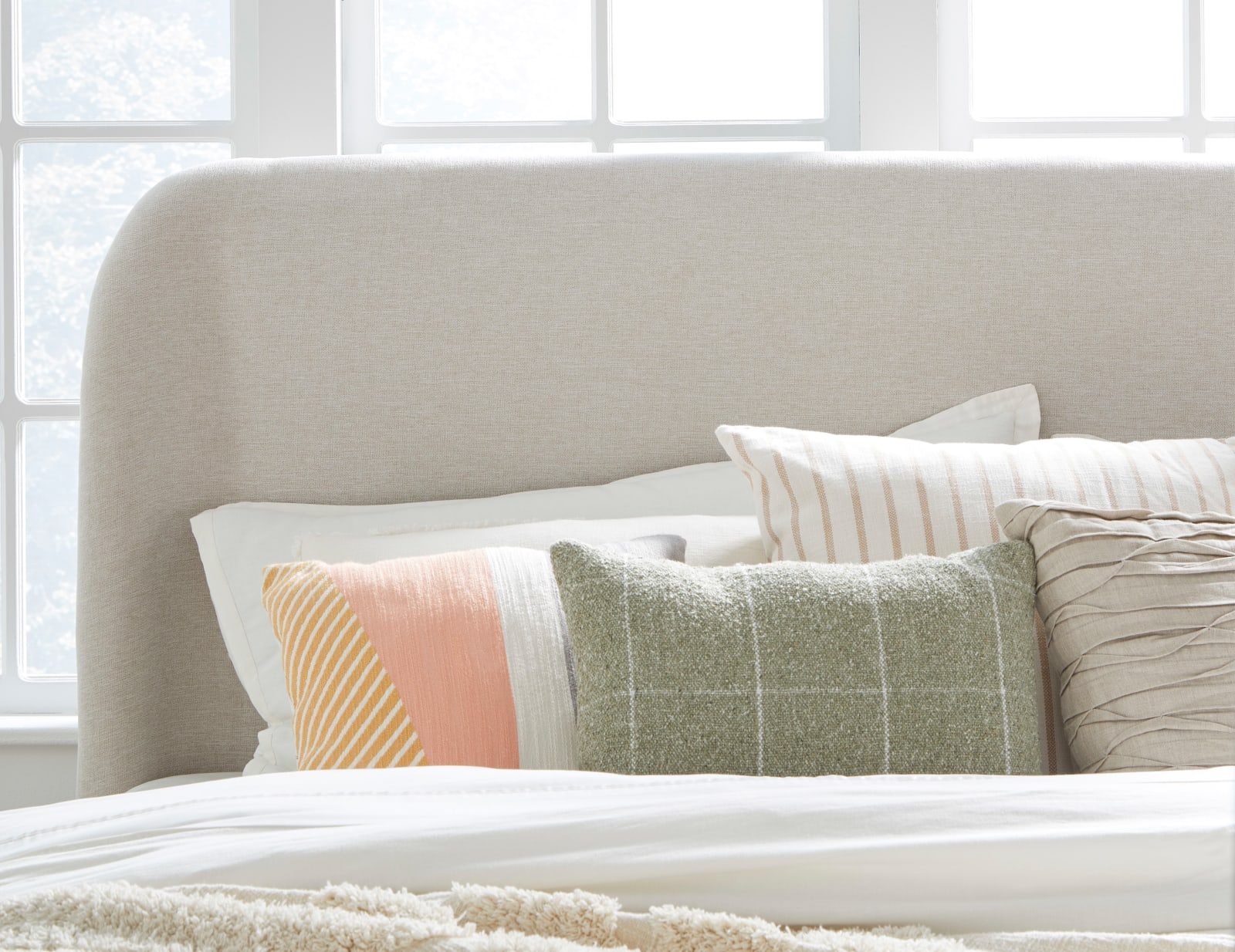 Penny Full-size Linen Upholstered Platform Bed in Buff Cream Oak – view 2