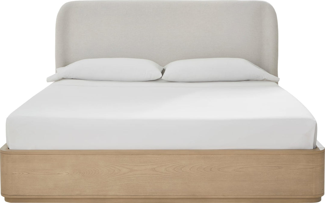 Penny Queen-size Linen Upholstered Platform Bed in Buff Cream Oak – view 3