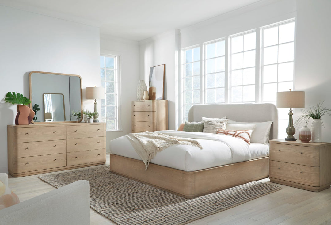 Penny Queen-size Linen Upholstered Platform Bed in Buff Cream Oak – view 7