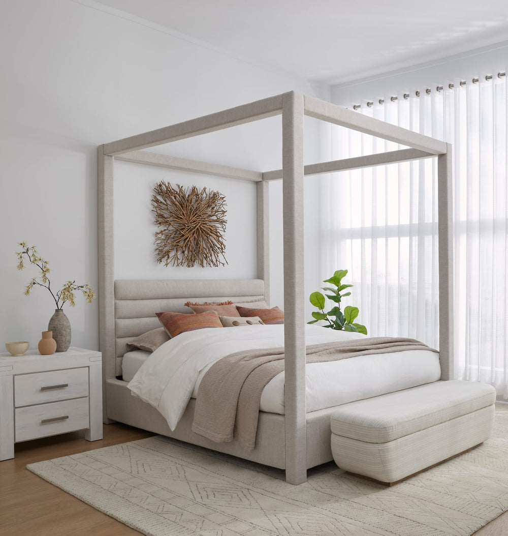 Rockford Queen-size Upholstered Canopy Bed in Turtle Dove Linen