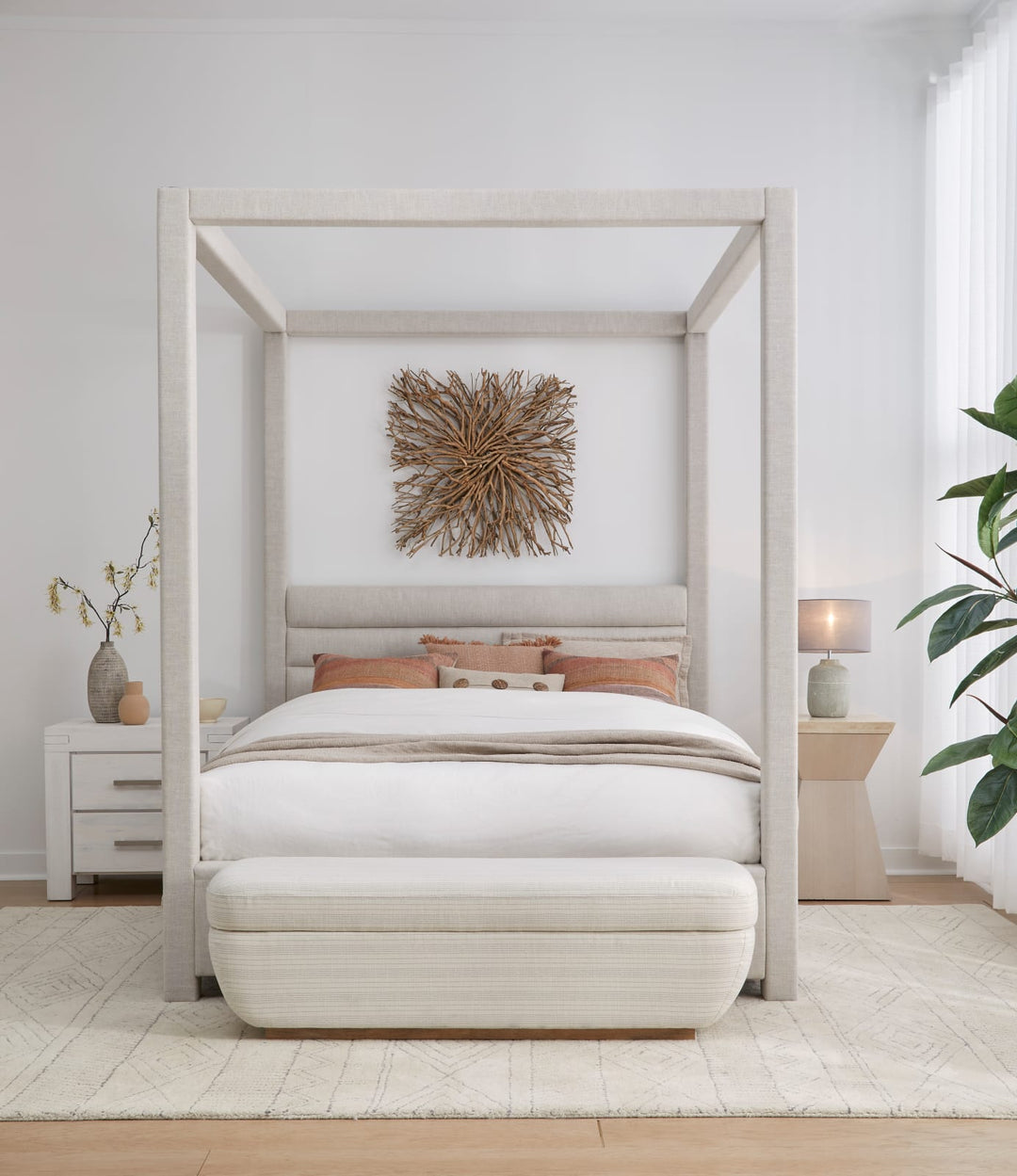 Rockford California King-size Upholstered Canopy Bed in Turtle Dove Linen – view 2