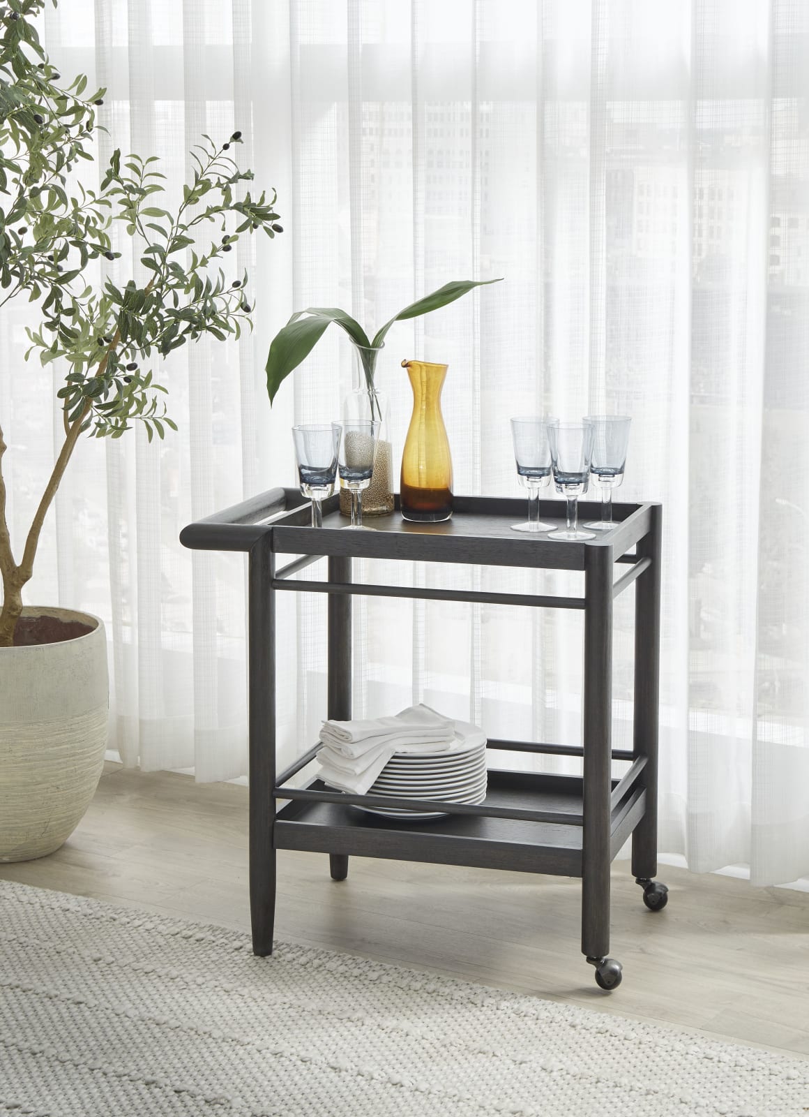 Rockport Two Shelf Rolling Bar Cart in Yin