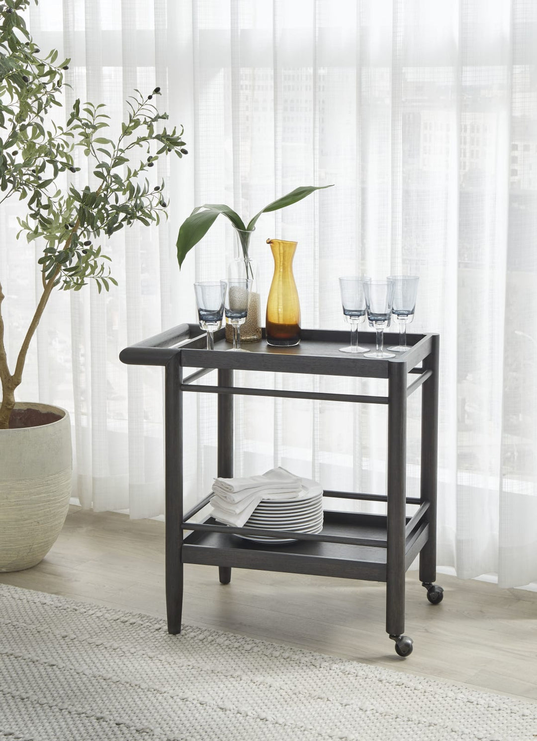 Rockport Two Shelf Rolling Bar Cart in Yin