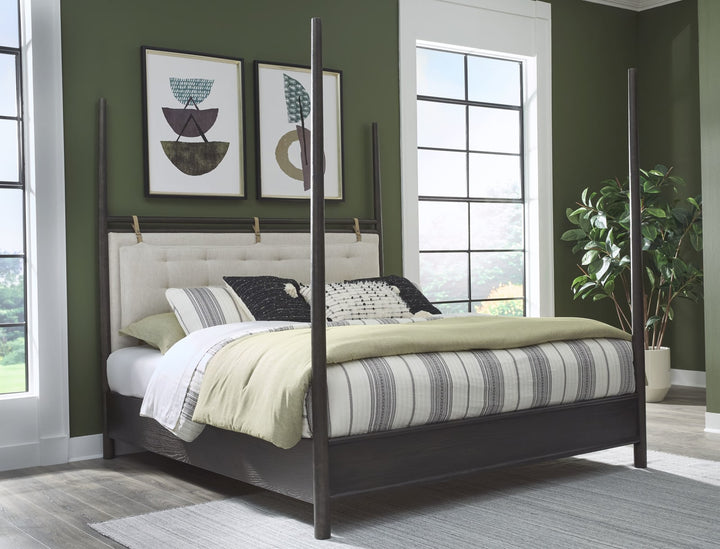 Rockport Upholstered California King-size Poster Bed in Yin and Turtle Dove Linen