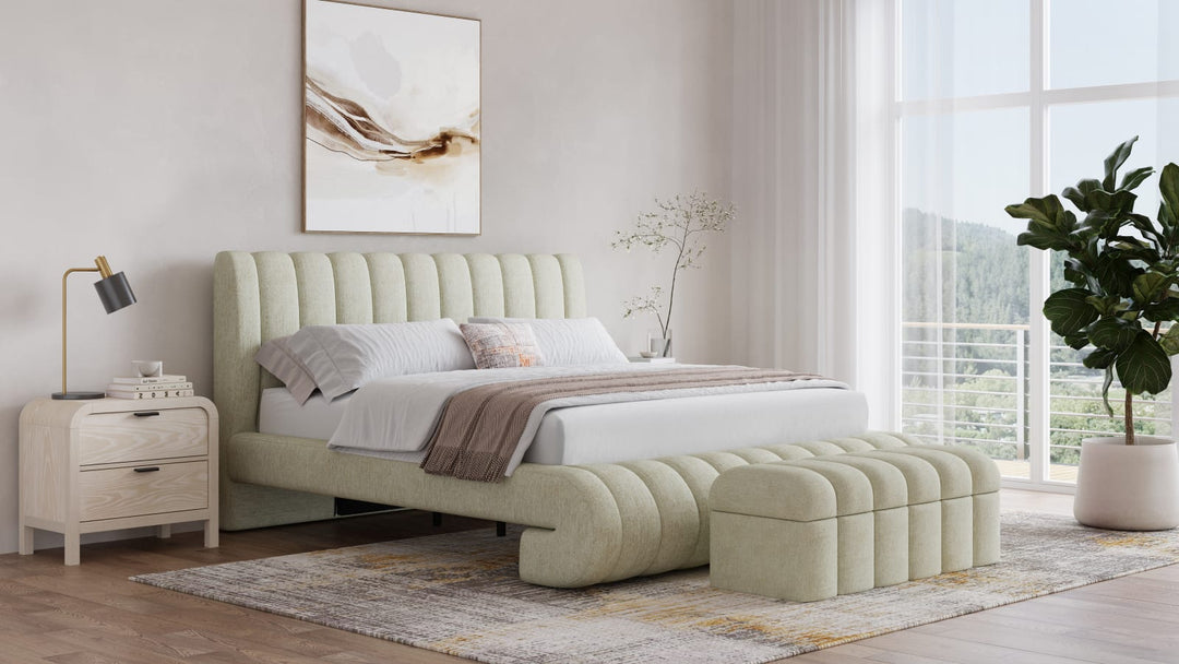Savage California King-size Maximalist Upholstered Bed in Sandy Chenille