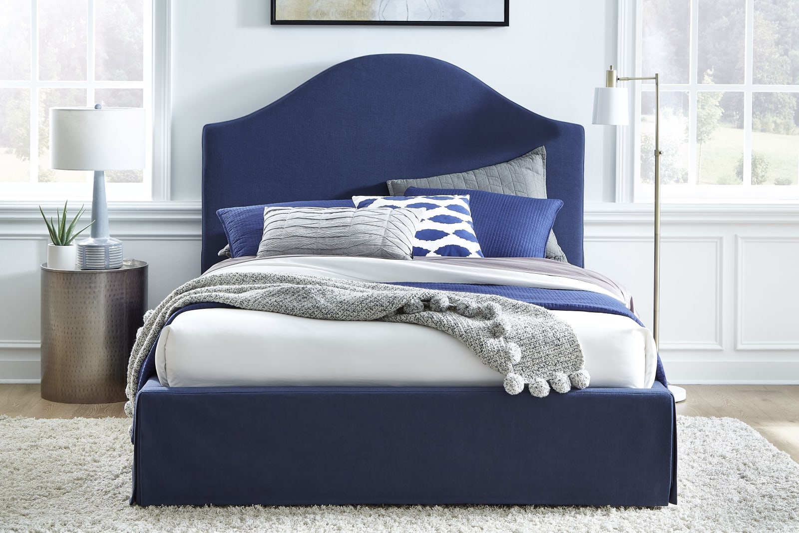 Sur California King-Size Upholstered Skirted Storage Panel Bed in Navy