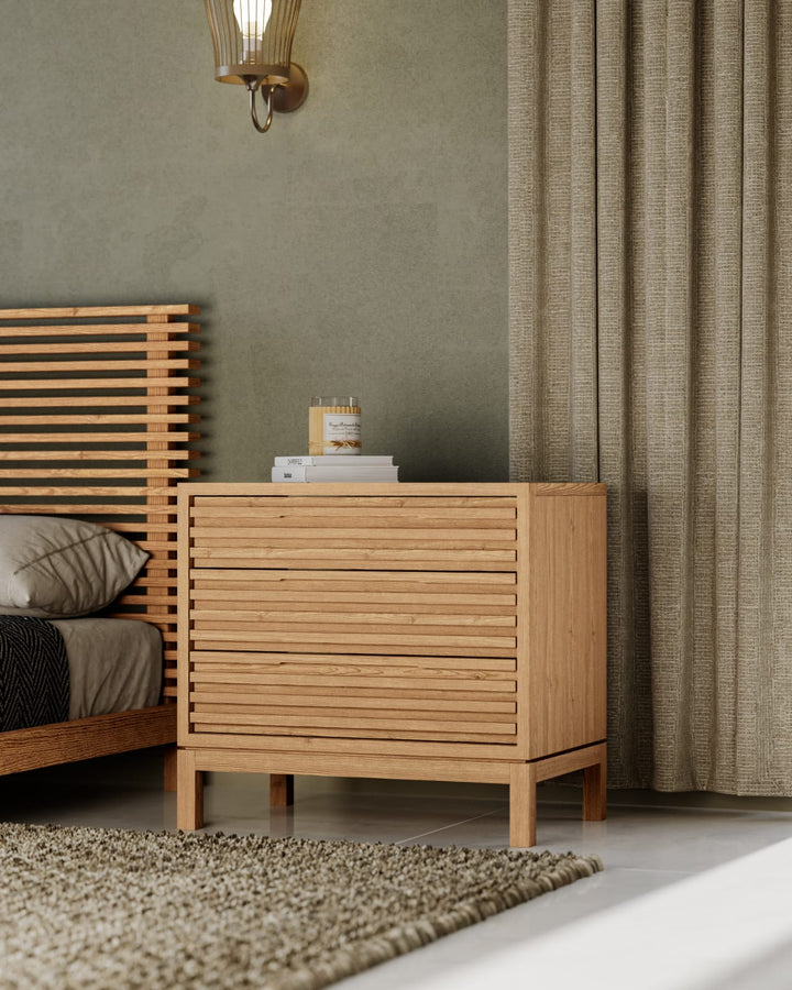 Tanner Three Drawer Ash Wood Nightstand in Flaxen