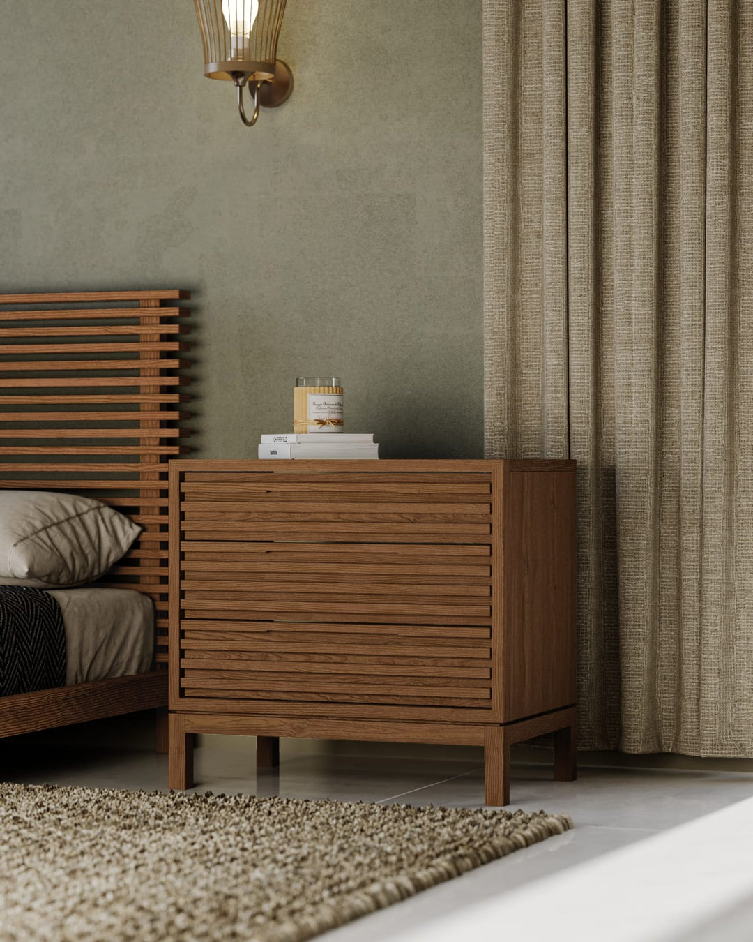 Tanner Three Drawer Ash Wood Nightstand in Roux