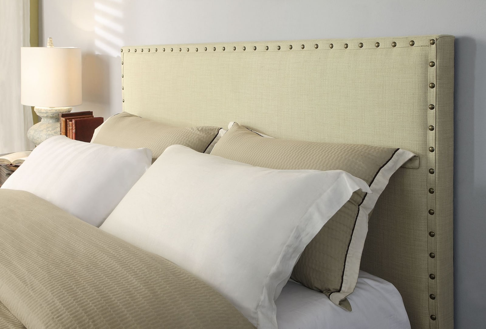 Tavel Full-size Nailhead Upholstered Headboard in Tumbleweed