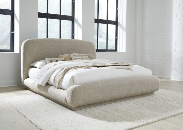 Tirimbina King-size Chenille Upholstered Platform Bed in Hyena