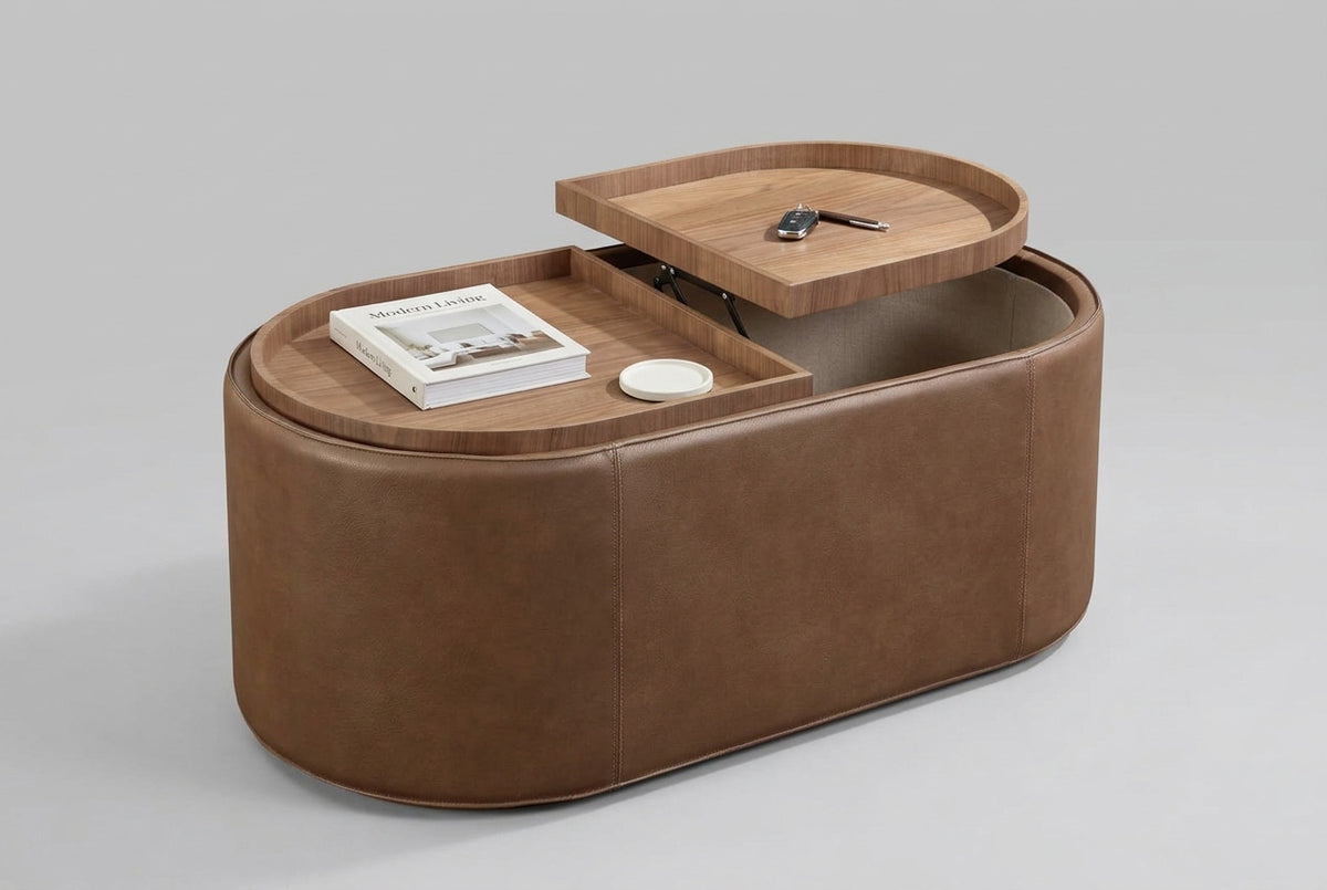 Yeal Leather Upholstered Storage Coffee Table with Wooden Tray Top and Casters view 2