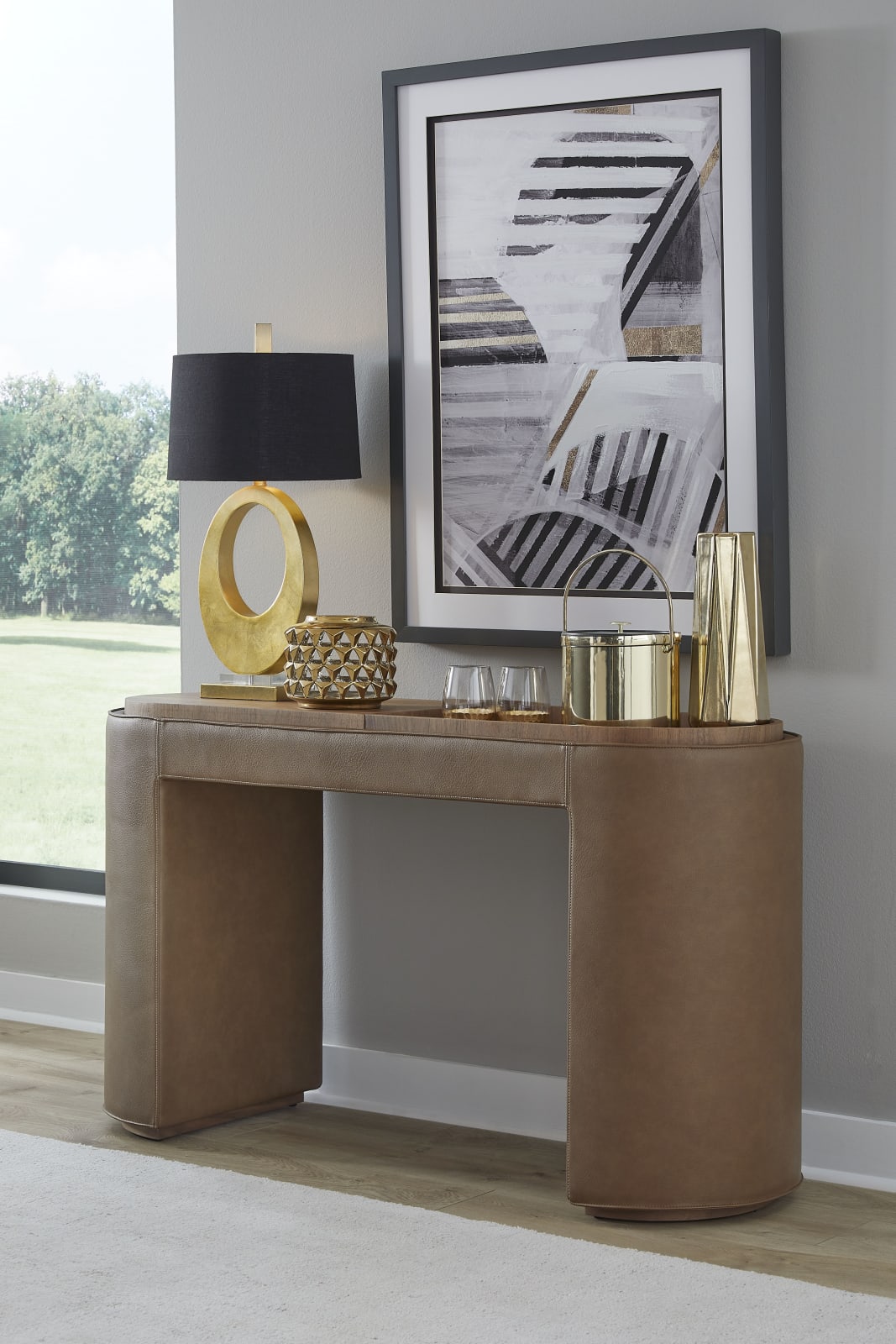 Yeal Leather Upholstered Storage Console Table with Wooden Tray Top