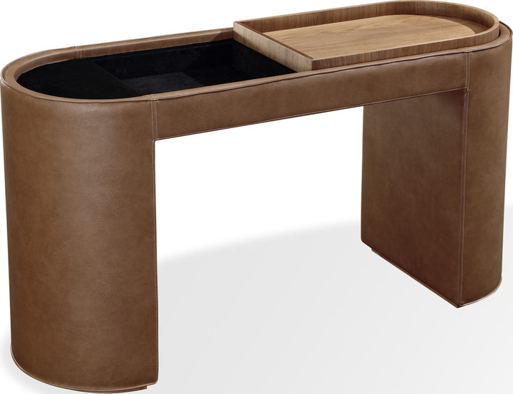 Yeal Leather Upholstered Storage Console Table with Wooden Tray Top view 4