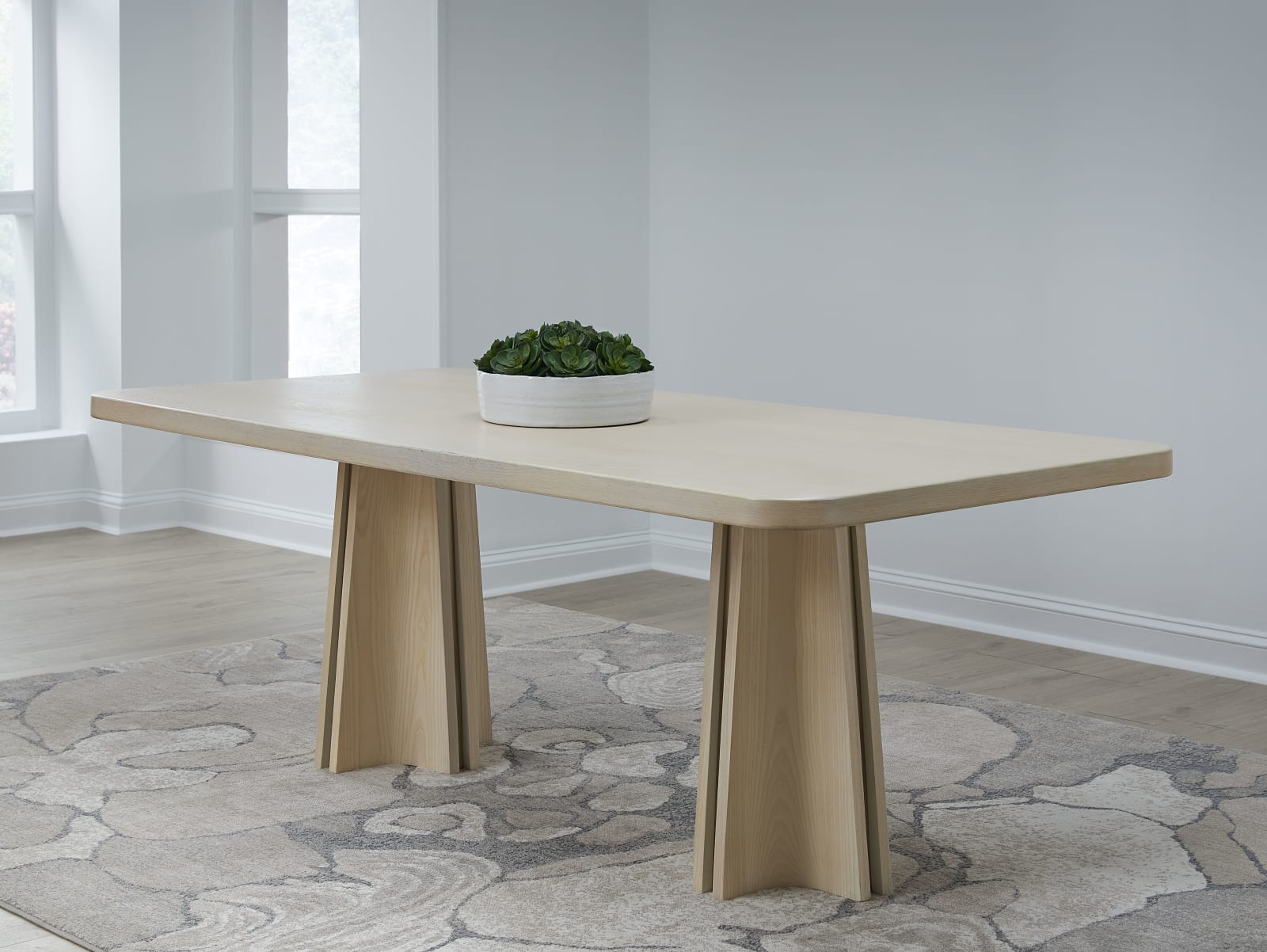 Zinnia Ash Wood Double Pedestal Dining Table in White Sand
