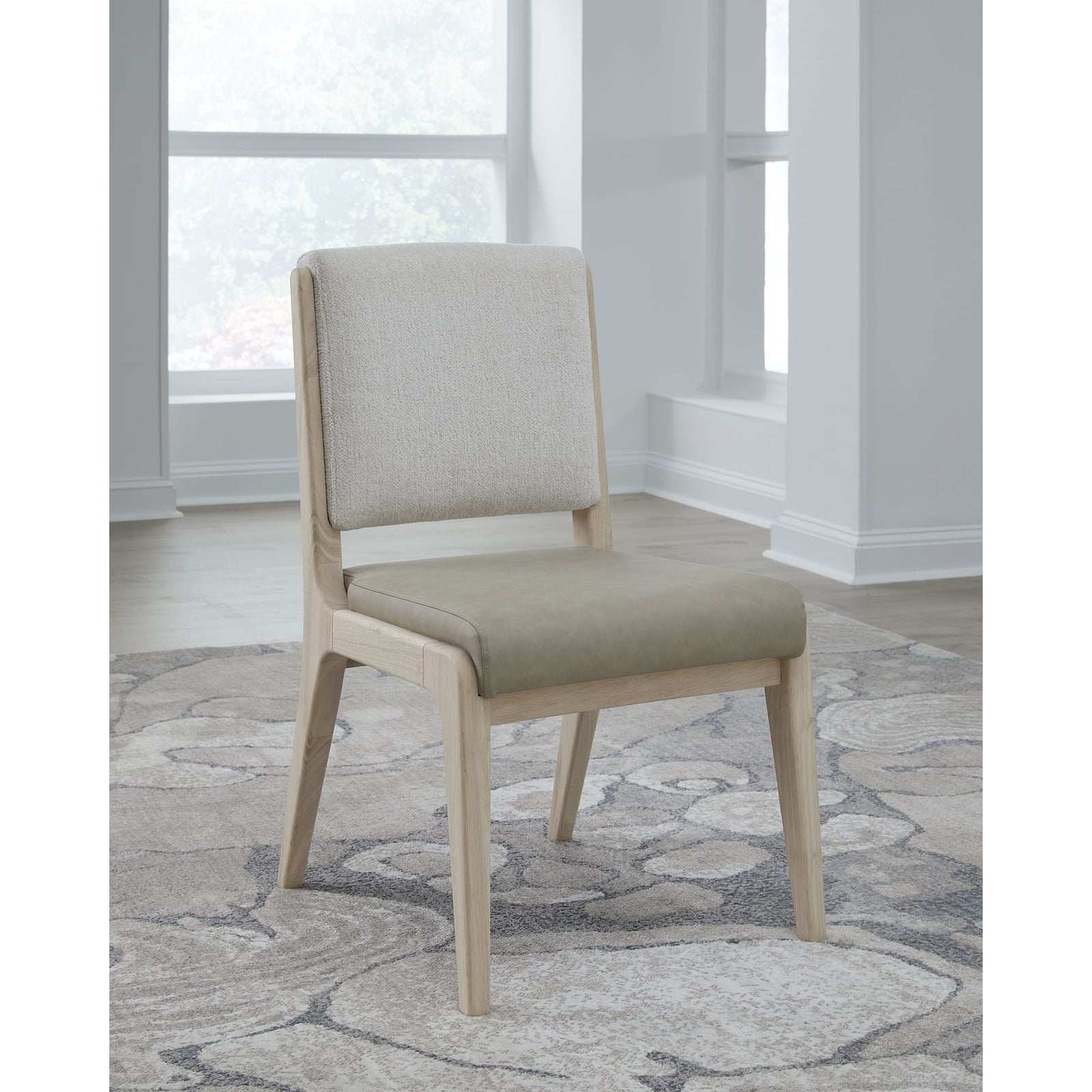 Zinnia Upholstered Dining Chair in White Sand, Buttermilk Leather and Dune Chenille