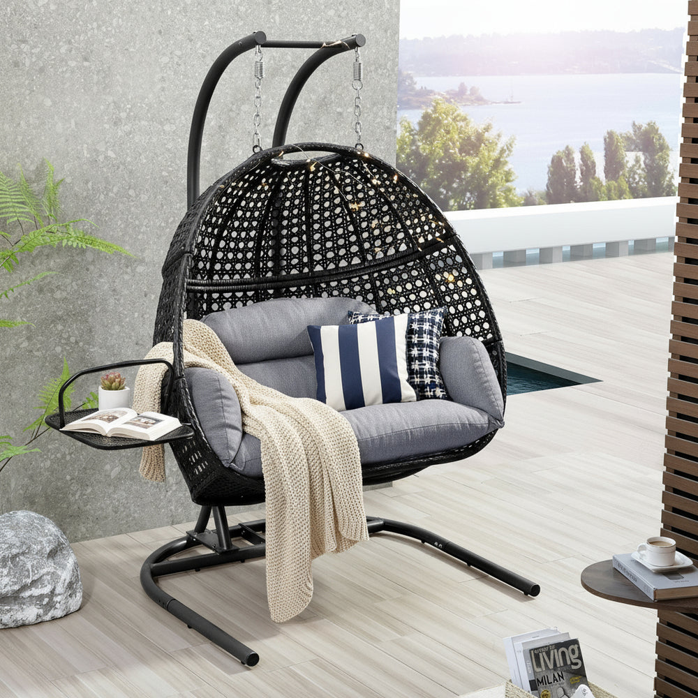 Outdoor wicker swing chair with stand – 2-person capacity