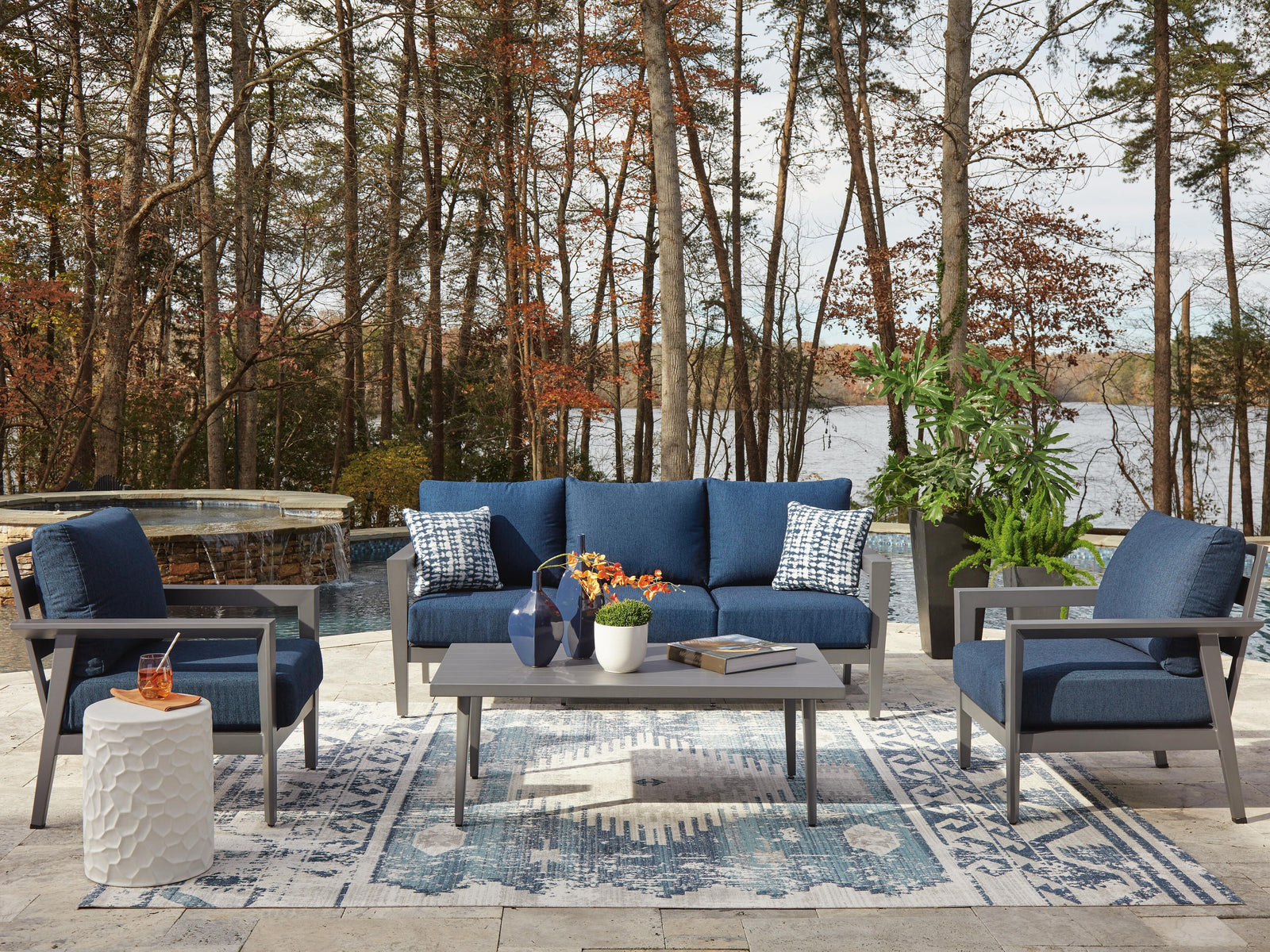 Gali Outdoor Sofa/Chairs/Table Set (Set of 4) - Blue (2)