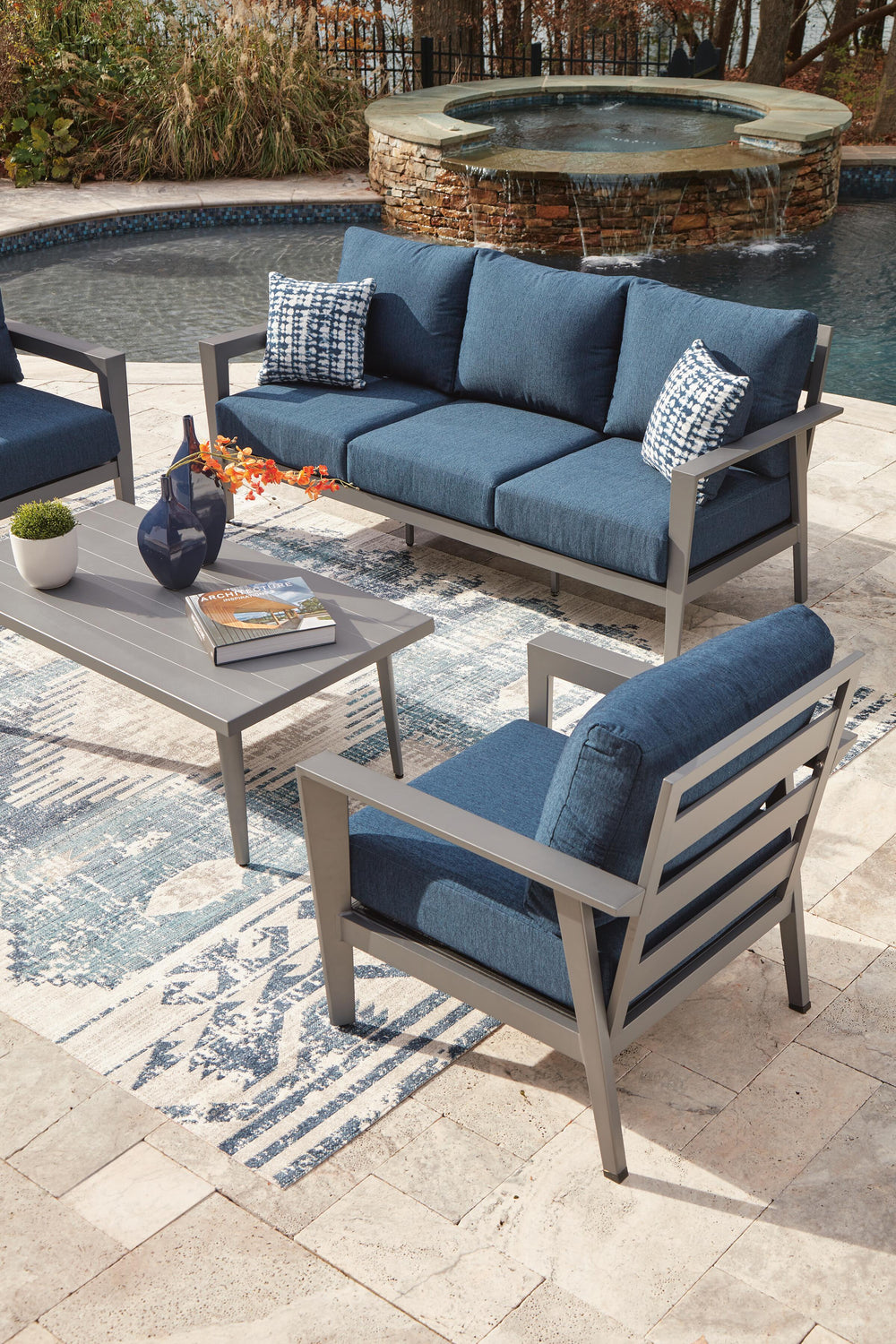 Gali Outdoor Sofa/Chairs/Table Set (Set of 4) - Blue (13)