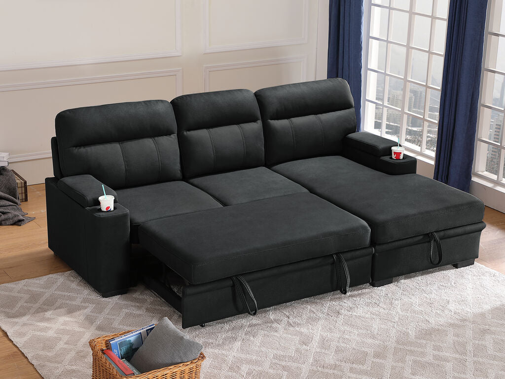 Kaden 91" Black Performance Fabric Sleeper Sectional Sofa Chaise with Storage Arms and Cupholder