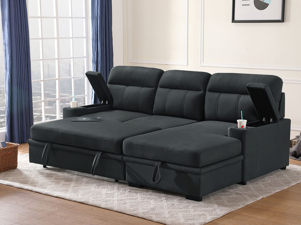 Kaden 91" Black Performance Fabric Sleeper Sectional Sofa Chaise with Storage Arms and Cupholder
