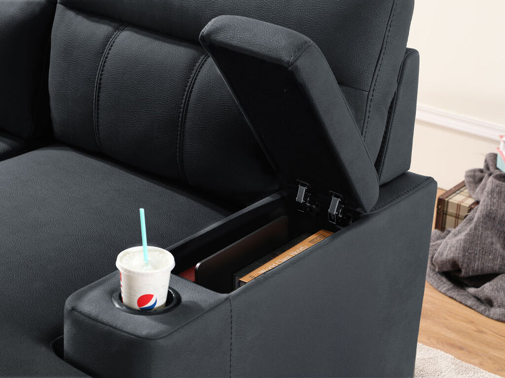 Kaden 91" Black Performance Fabric Sleeper Sectional Sofa Chaise with Storage Arms and Cupholder