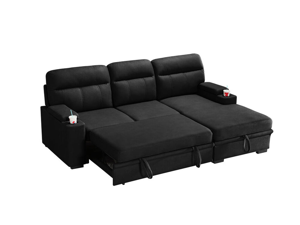 Kaden 91" Black Performance Fabric Sleeper Sectional Sofa Chaise with Storage Arms and Cupholder