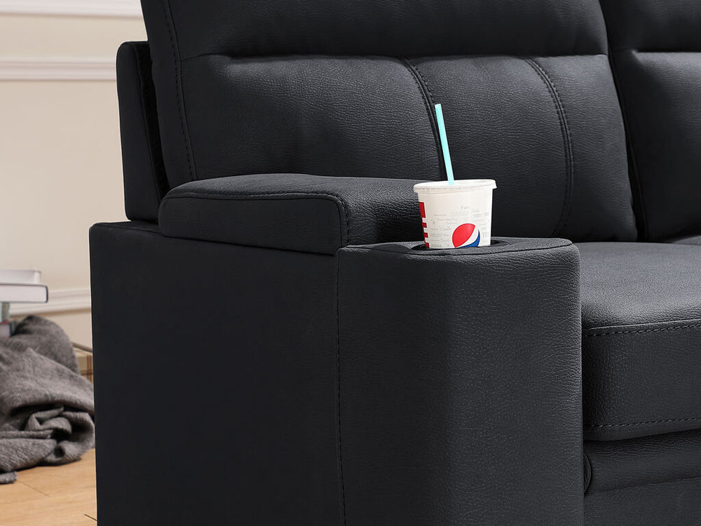 Kaden 91" Black Performance Fabric Sleeper Sectional Sofa Chaise with Storage Arms and Cupholder