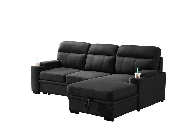 Kaden 91" Black Performance Fabric Sleeper Sectional Sofa Chaise with Storage Arms and Cupholder