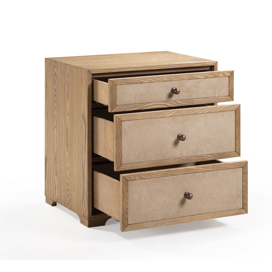 Laurentis 23.5" Light Taupe Suede and Wood 3-Drawer Nightstand