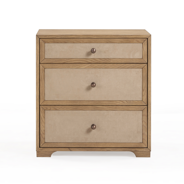 TOV Furniture Laurentis 23.5" Light Taupe Suede and Wood 3-Drawer Nightstand
