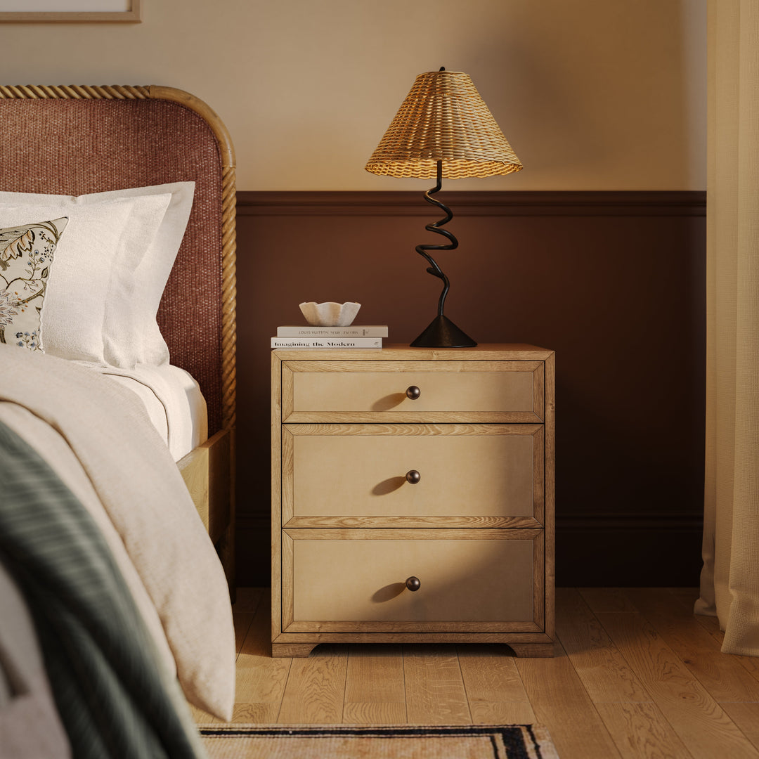 Laurentis 23.5" Light Taupe Suede and Wood 3-Drawer Nightstand