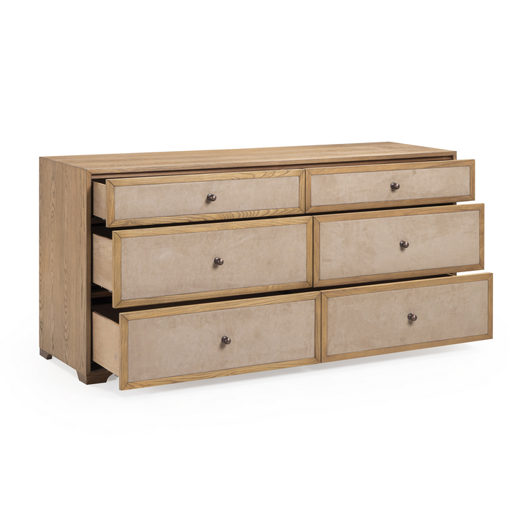 Laurentis 64" Light Taupe Suede and Wood 6-Drawer Dresser