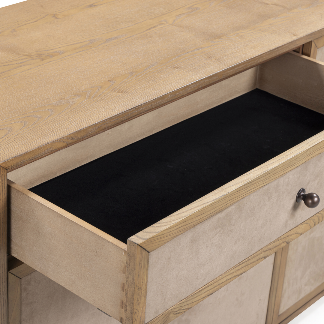 Laurentis 64" Light Taupe Suede and Wood 6-Drawer Dresser