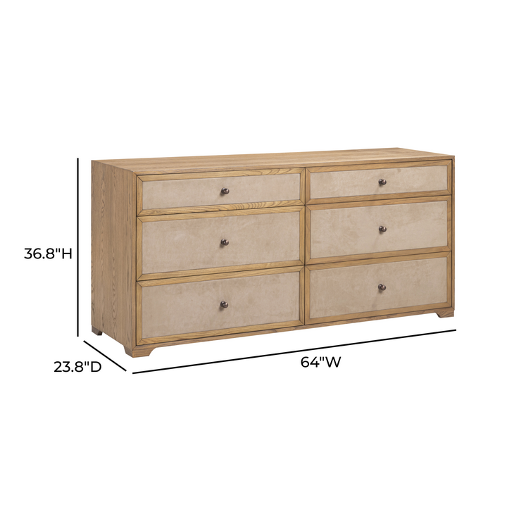 Laurentis 64" Light Taupe Suede and Wood 6-Drawer Dresser