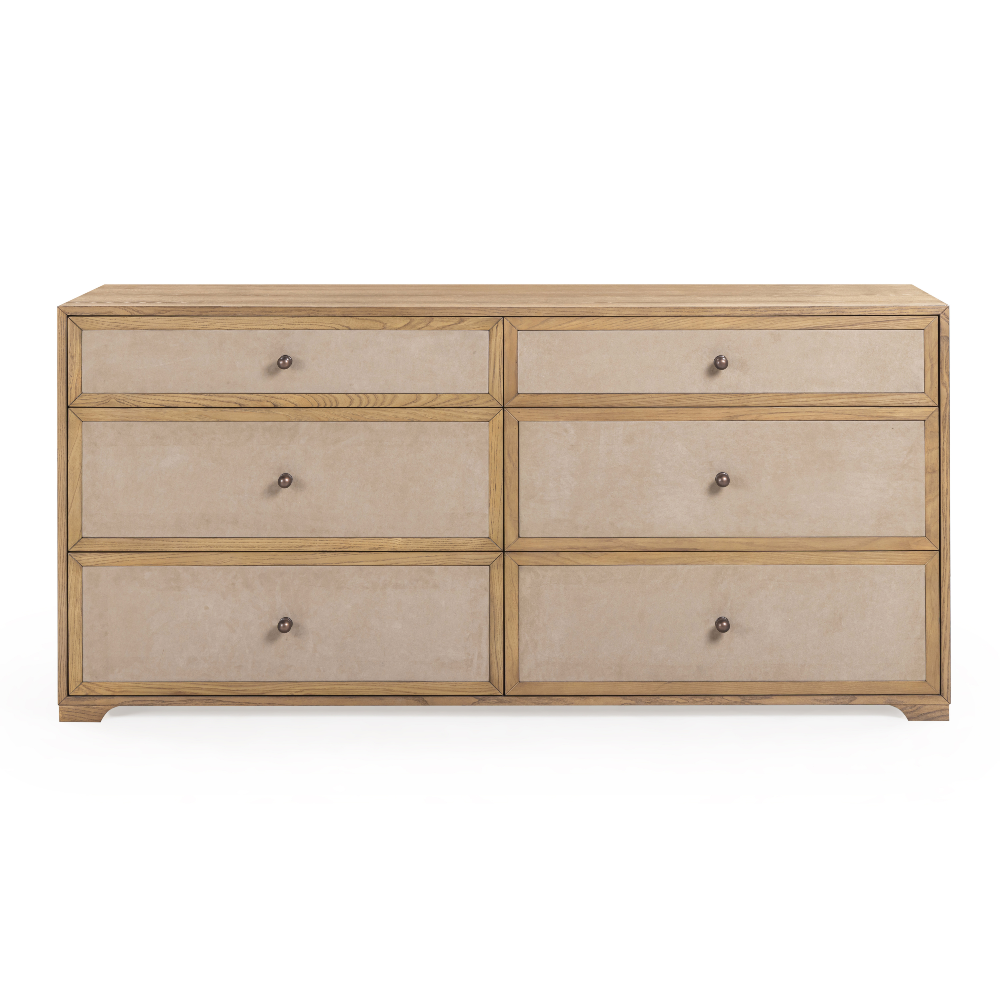 Laurentis 64" Light Taupe Suede and Wood 6-Drawer Dresser