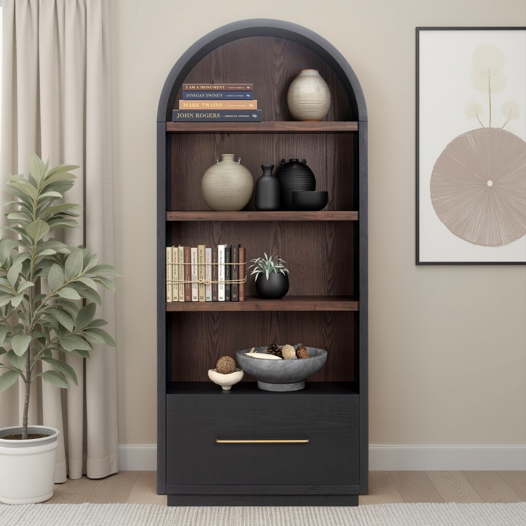 Marlow Black &amp; Brown Two-Tone Wood Bookcase With File Drawer