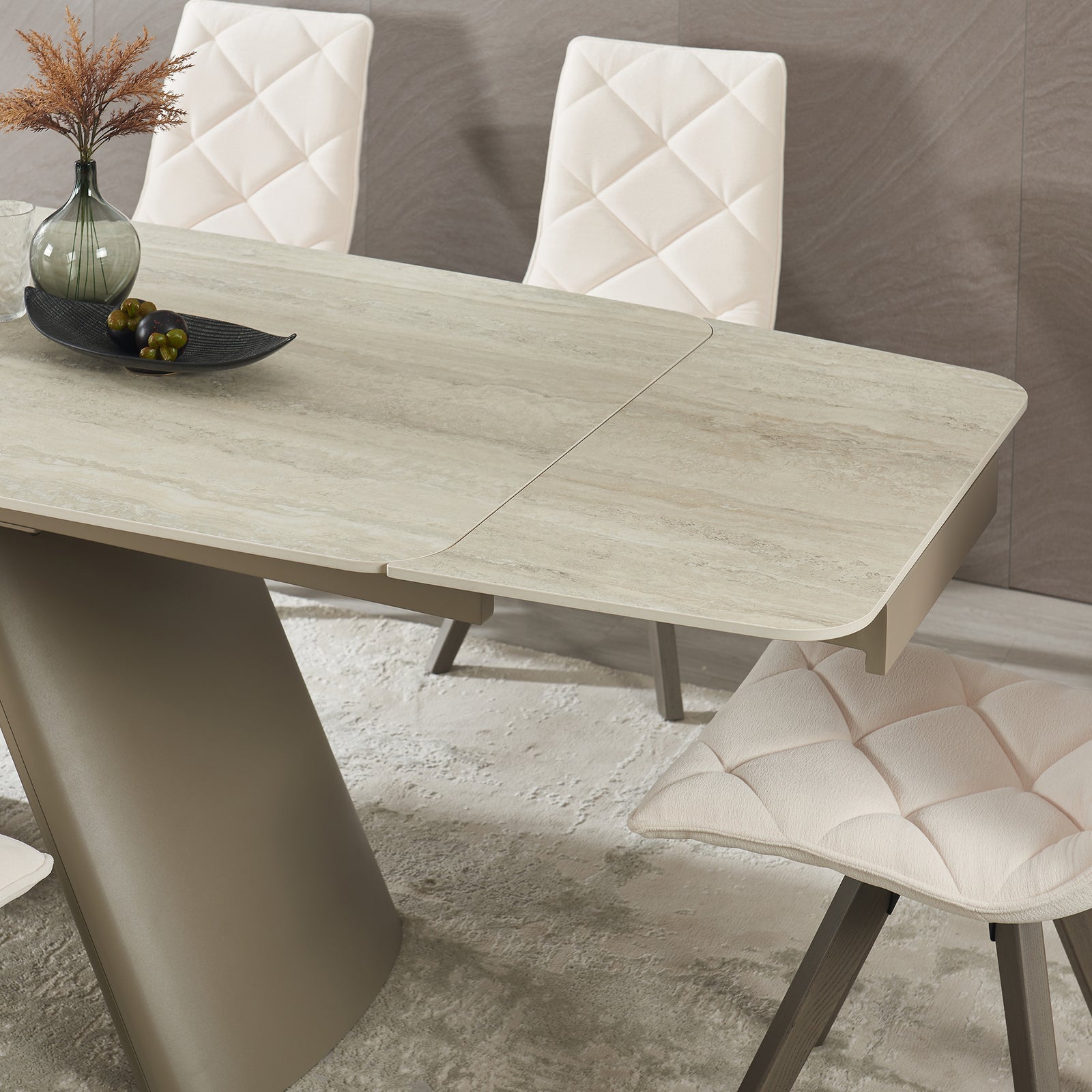 Retractable Sintered Stone Extendable Dining Table Seats Eight with Steel Base