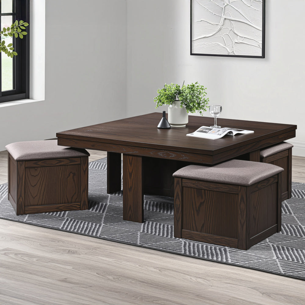 Paxton 5 Pc Storage Coffee Table W/ 4 Tuck-In Ottomans-Dk Bro