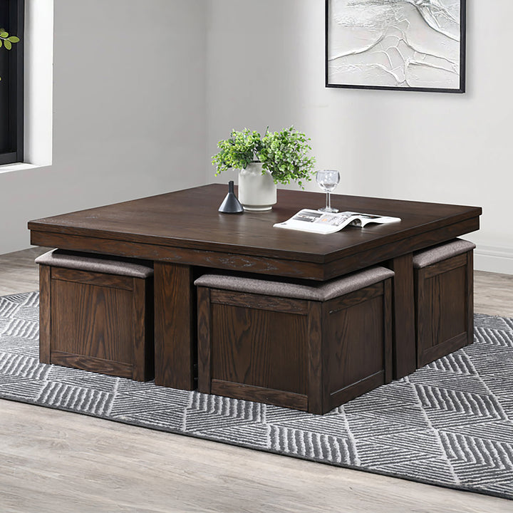 Paxton 5 Pc Storage Coffee Table W/ 4 Tuck-In Ottomans-Dk Bro